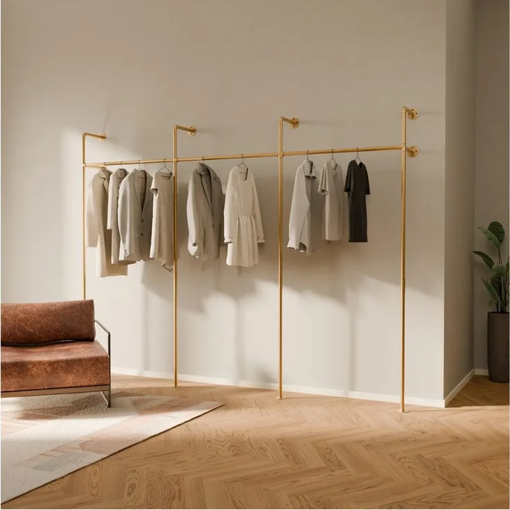 pamo. design Kleiderständer KIM Kleiderstange Wandmontage, offener Kleiderschrank, Kleiderständer, Goldener Garderobenständer im Industrial Design für Kleidung