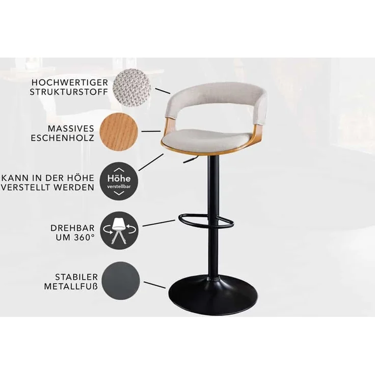 riess-ambiente Barhocker MANHATTAN beige / natur / schwarzHATTAN beige / schwarz (Einzelartikel, 1 St), Strukturstoff · Metall · höhenverstellbar · 360° drehbar · mit Lehne – Bild 3