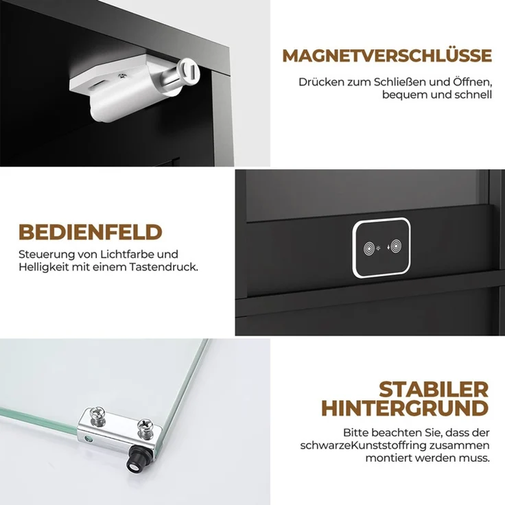 Glasvitrine 4-stöckig, Ausstellungsschrank mit Glastür, LED-Beleuchtung und Helligkeitsregelung, Schwarz – Bild 7