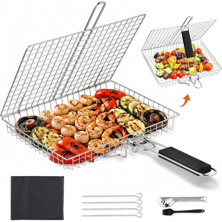 HEYHIPPO Grillrosteinsatz Grillkorb Edelstahl 32×22,5cm, mit 4 Spießen, Bürste, Zange & Tasche, (5-St, Grillkorb Set – mit Zubehör, vielseitig für Fisch, Steak & Gemüse), Faltbarer BBQ-Korb mit Grillzange & abnehmbarem Griff, für Camping