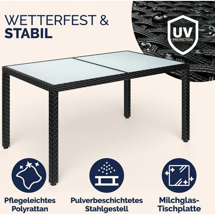 Casaria Gartentisch, Wetterfest 150x90cm Polyrattan Höhenverstellbar 5mm Sicherheitsglas – Bild 3