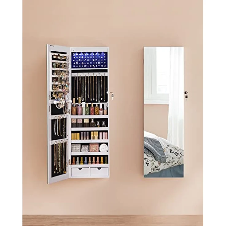 SONGMICS Schmuckschrank hängend, Spiegelschrank mit LED-Innenbeleuchtung, an der Tür hängend, MDF weiß, 37 x 9,3 x 108 cm – Bild 5
