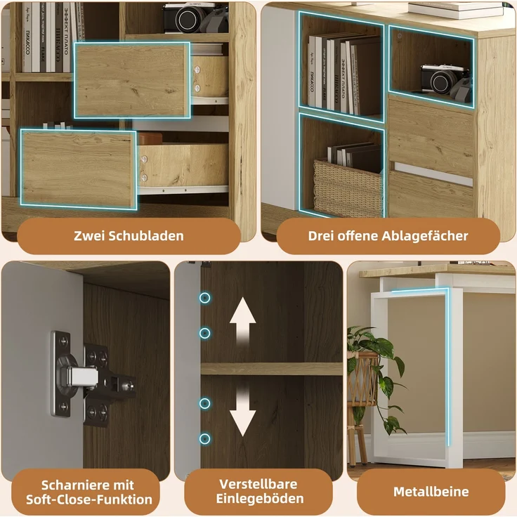 Eckschreibtisch mit Schubladen und Stauraum, 152x113,5x76 cm, Naturholzfarben/Weiß – Bild 7