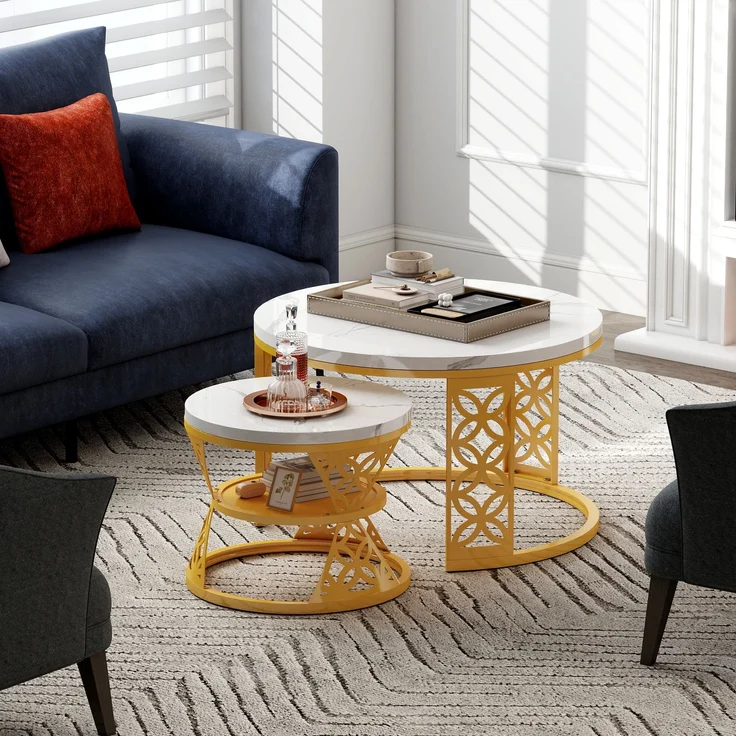 2er-Set runder Couchtisch aus Marmor-Furnier mit Kontrastdesign, nestbar, 70x70x45 cm + 45x45x37 cm – Bild 3