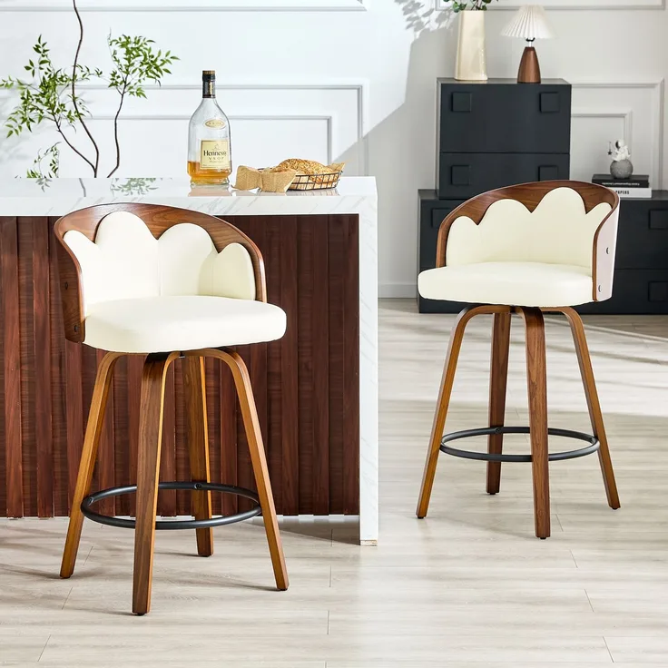 2er Set Barhocker mit Blüten-Rückenlehne, Bugholz, PU-Leder, Metall-Fußstütze, modern--Weiß--89x41.5x46.5cm--YOUDENOVA