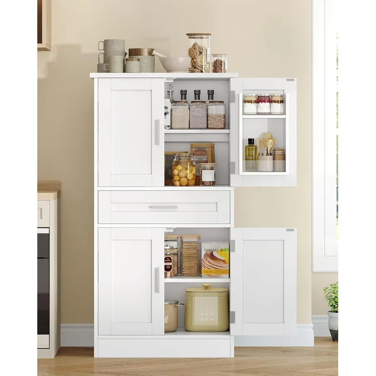 Buffetschrank, Küchenschrank mit 4-stufigem Türrückseiten-Regalsystem, Sideboard mit 4 Türen und 1 Großer Schublade, Modern Stil, Küche, Wohnzimmer, 40 x 60 x 120 cm, Weiß – Bild 3