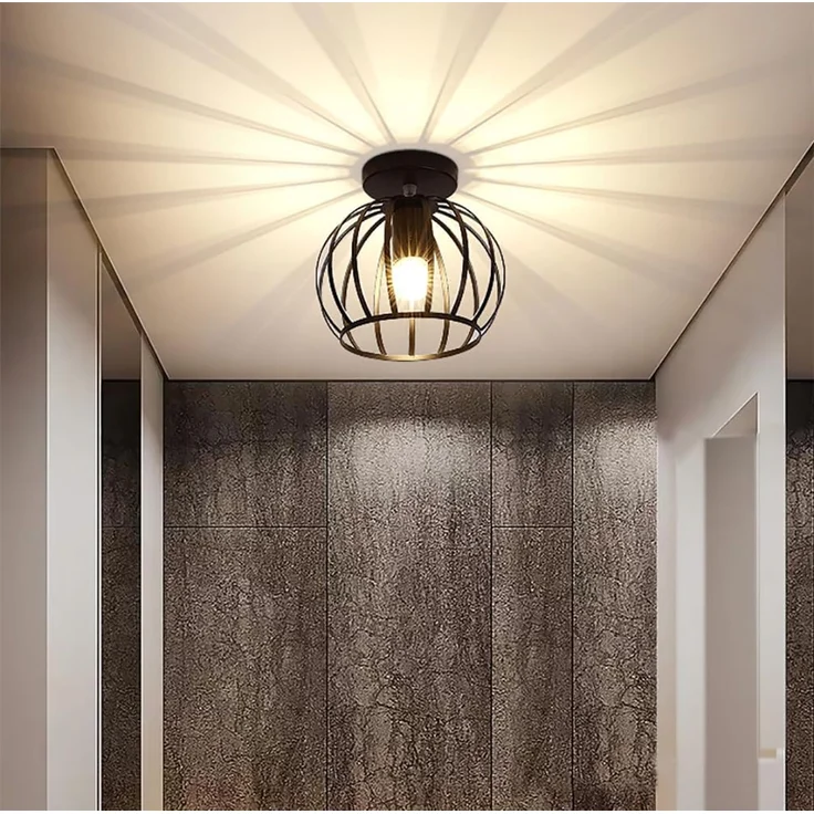 Goeco Deckenleuchte Vintage, Industrial Pendelleuchte Metall in Käfigform, Retro Deckenlampe E27 Hängelampe Lampenschirm für Korridor, Balkon und Speisesaal, Ø 20cm, Schwarz