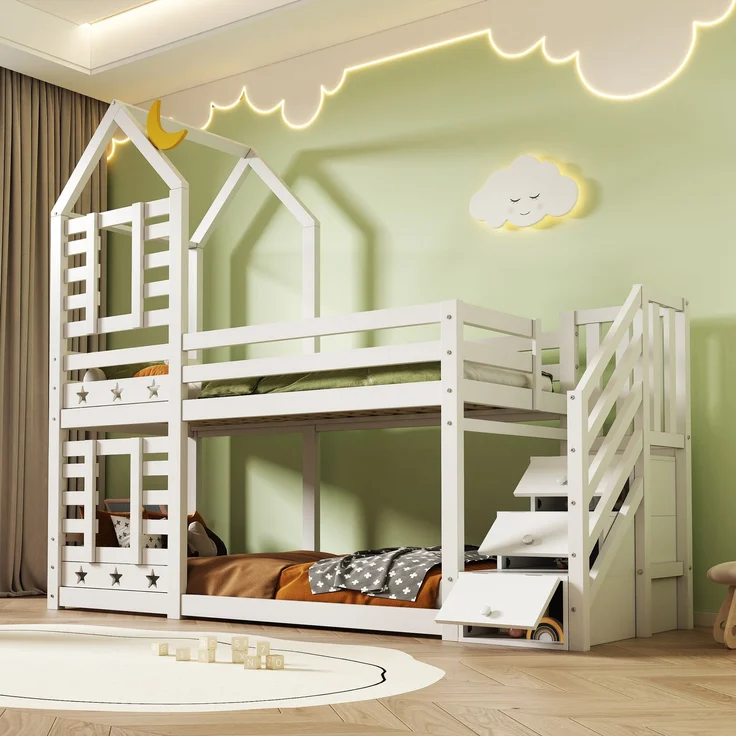 Etagenbett 90x200 cm mit Treppe und Stauraum, Sterne & Monde Design, Hausrahmen, Kiefer-Massivholz, Weiß, Kinderbett – Bild 3