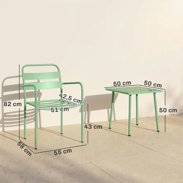 3-teiliges Garten-Bistro-Set – Couchtisch aus Hartglas und 2 Stühle mit Lattenbeinen, Gestell aus verzinktem Stahl, grün – Bild 5