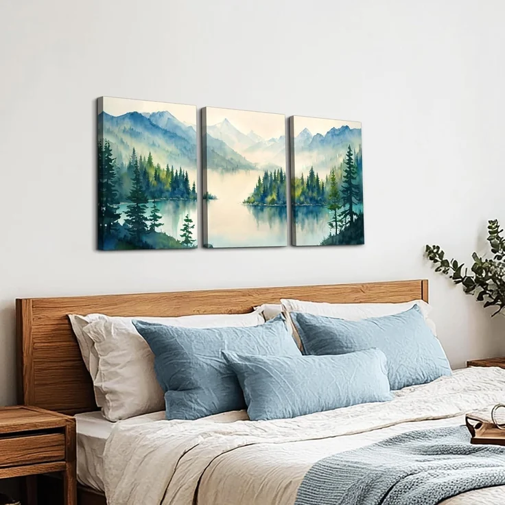 Aquarell Wald Blaugrün Leinwand Bilder Set 40cm x 58cm x 3 – Bild 2