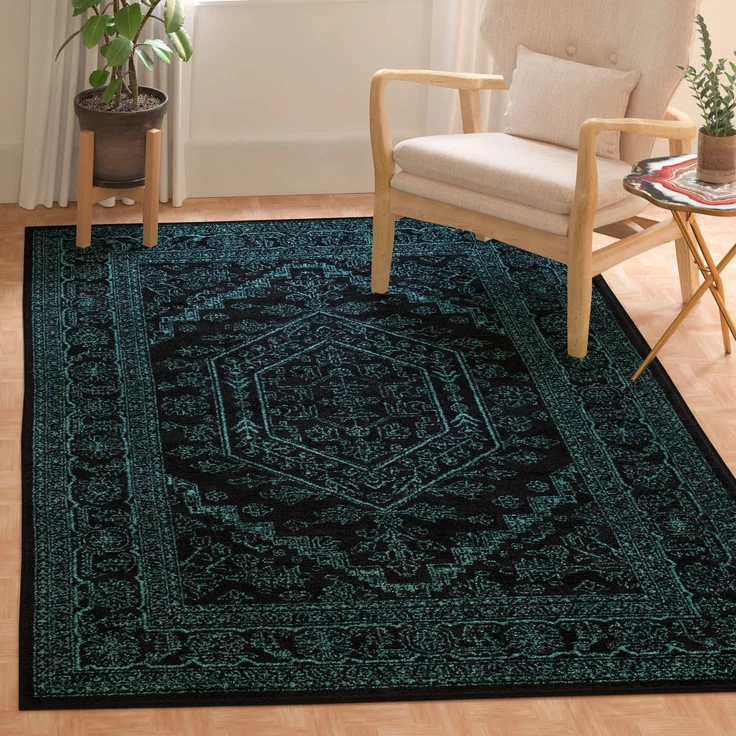 SAFAVIEH Traditionell Teppich für Wohnzimmer, Esszimmer, Schlafzimmer - Adirondack Collection, Kurzer Flor, Schwarz und Blaugrün, 91 X 152 cm