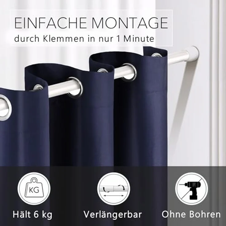 tinycurtains Türvorhang mit Stange weiß 70-120 cm Thermo Vorhang ohne Bohren, blickdicht, Ösen, verdunkelnd, Polyester, dunkelblau Ocean, Türgardine mit Klemmstange Raumtrenner Vorhang Tür – Bild 3