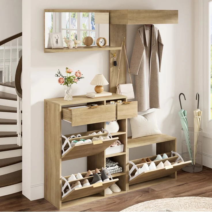Garderobenset 4-teilig mit Schuhschrank, Sitzbank und Spiegel, 130x30x174 cm, Natur – Bild 3