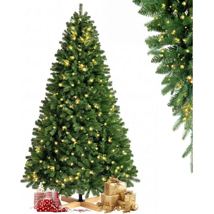 WHEELYOU Künstlicher Weihnachtsbaum 210 cm Tannenoptik, PE+PVC, 400 LEDs, Holzständer, 8 Lichtmodi, Dichte Tannenform, PE+PVC-Zweige, Holzfuß, warmgelbe Beleuchtung, 400 LEDs, 8 Lichtmodi, formbare Zweige, Stecksystem, Holzständer – Bild 2