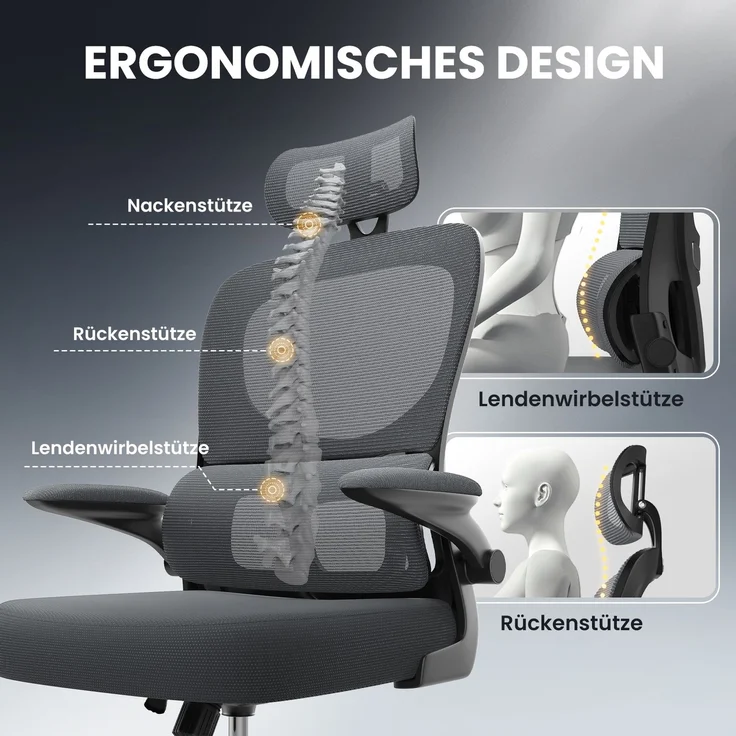 Botifly Ergonomischer Bürostuhl, Mesh-Gewebe, Grau, 90°-120° Wippfunktion, 10 cm Höhenverstellbar, 52 x 25.5 x 62 cm – Bild 3