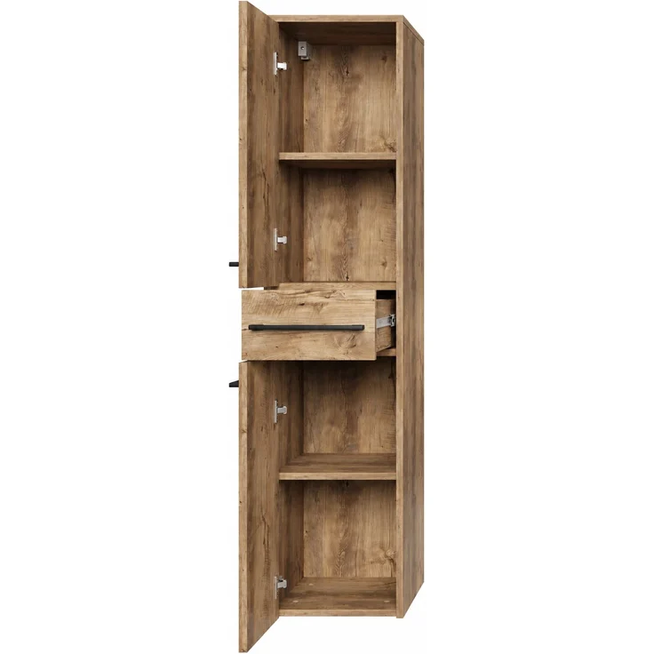 Badplaats Badezimmerschrank Florence 30 x 35 x 130 cm Kastanie Eiche - Hoch Badschrank mit 2 Türen und 1 Schublade – Bild 2