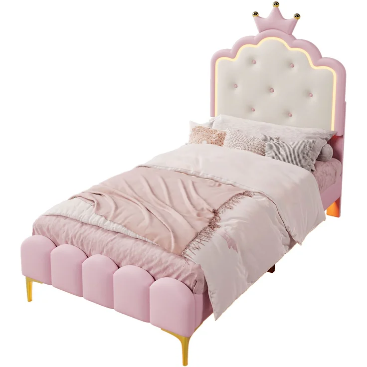 Prinzessinnenbett Kinderbett 90x200 rosa mit LED-Ambientebeleuchtung Metallfüße Kunstleder Polsterbett – Bild 6