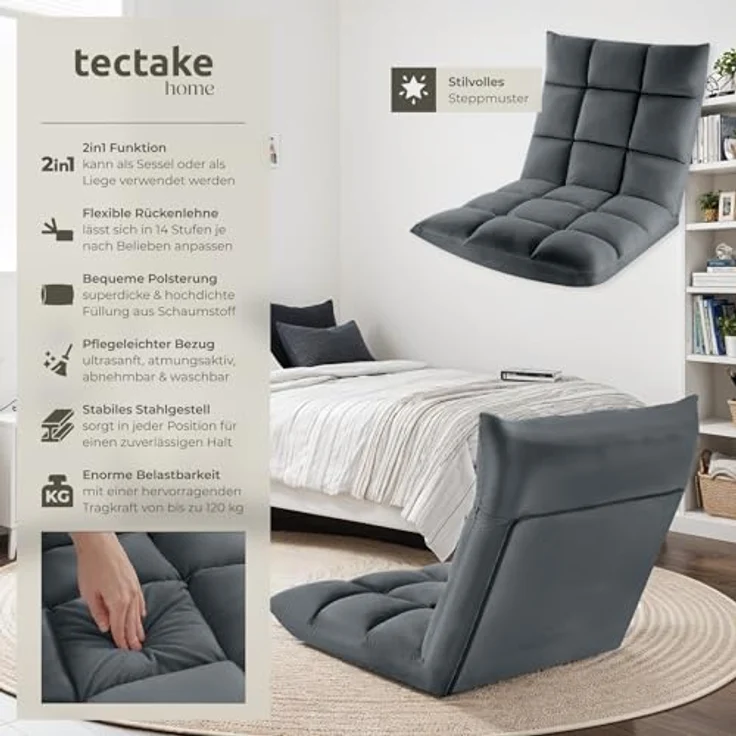 tectake Relaxsessel Fernsehsessel Snooze, 2 in 1 Samt, 14-fach verstellbar, 2 in 1 als Sessel oder Liege, gepolstert, mit Samtbezug – Bild 4