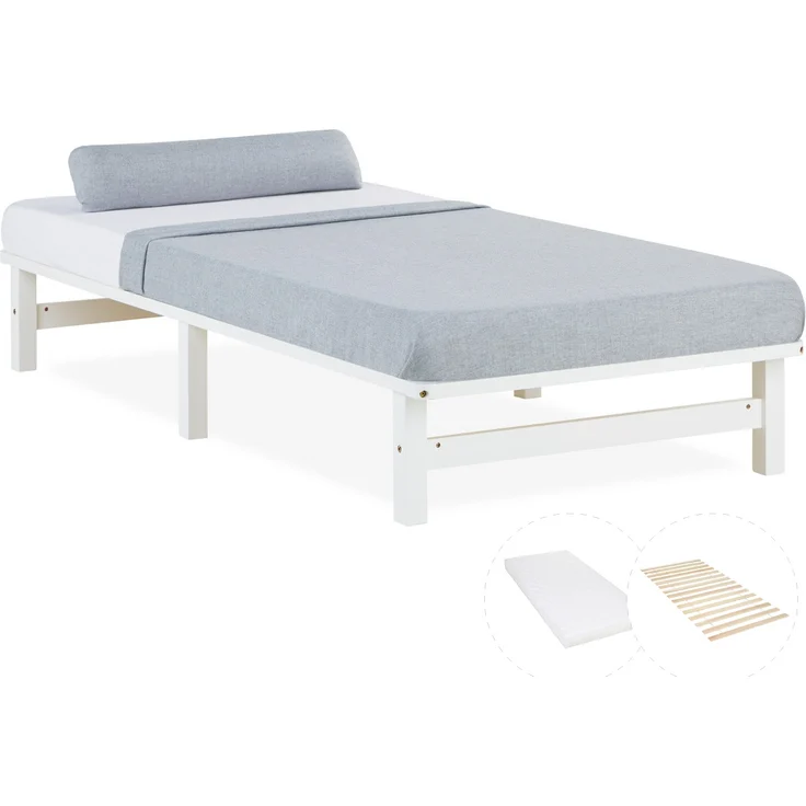 Holzbett 90x200 mit Matratze Holzbettrahmen Weiß Palettenbett Einzelbett Bett Massiv Holz Bettgestell – Bild 1