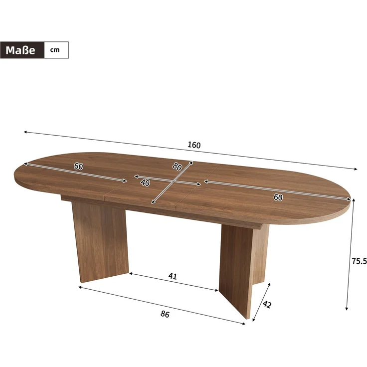 Ausziehbarer Esstisch mit abgerundeten Ecken, 120/160x80 cm, Walnuss – Bild 4
