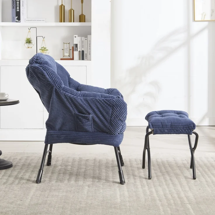 Flieks Loungesessel mit Hocker, ergonomischer Ohrensessel mit Stahlrahmen, weicher Cordstoff, Seitentasche, Blau – Bild 4