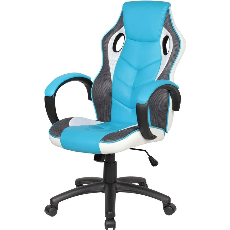 Dmora Sedia Con ruote Caloundra, Poltrona da Gaming Adulto, Sedia da scrivania, 66x61h104/114 cm, Azzurro e Bianco