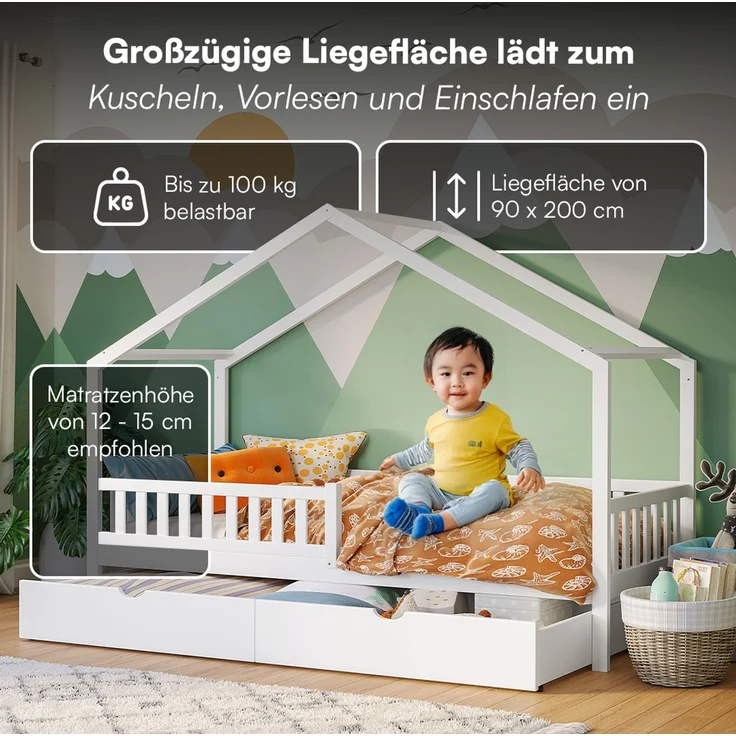Bellabino 'Vils' Hausbett 90x200 cm mit großer Schublade, weiß, Kiefer Massivholz, Montessori Kinderbett mit Stauraum, inkl. Rausfallschutz und Lattenrost – Bild 4