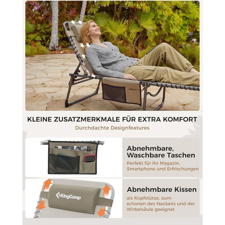 KingCamp Campingliege Sonnenliege Gartenliege klappbar 5-Stufig Verstellbarer Rückenlehne Liege Gartenstuhl Strandliege Camping Klappbett mit Kopfkissen für Garten Urlaub Outdoor Strand Pool – Bild 6