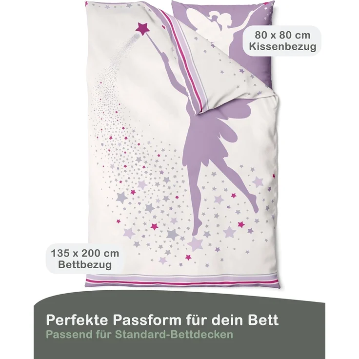 LINKHOFF Kinderbettwäsche Kinder Bettwäsche Fee 135x200 + Kissen 80x80 - 100% Baumwolle, Mädchen Bettwäsche, Bügelfrei, Reißverschluss – Bild 3