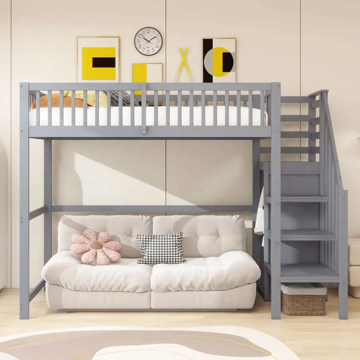 Hochbett 90x200 mit Treppe, Kinderbett aus Holz mit Aufbewahrungsregal, einfacher Kleiderschrank Grau – Bild 3