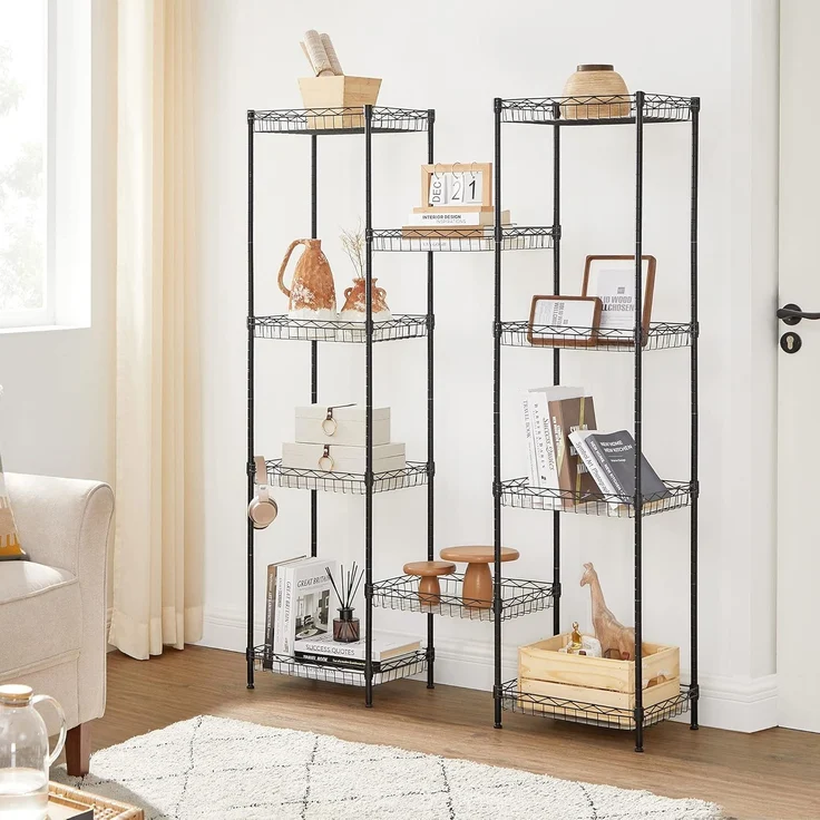 Songmics Küchenregal mit 5 Ebenen, Metallregal, Standregal, höhenverstellbare Gitterablage, mit PP-Kunststoffplatten, 4 S-Haken, für Küche, Wohnzimmer, bis zu 100 kg belastbar, schwarz LGR105B01 – Bild 5