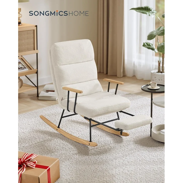 SONGMICS HOME Schaukelsessel, mit Massivholzfüßen, Schaumstoffpolsterung, Fleece, Kautschukholz, Stahl, Cremeweiß, 97 x 67 x 100 cm – Bild 2