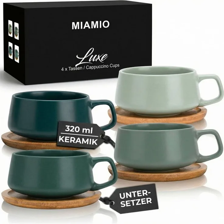 MiaMio Cappuccinotasse Luxe Evergreen Grün, 8-tlg, Keramik, 320 ml, mit Holzuntersetzern