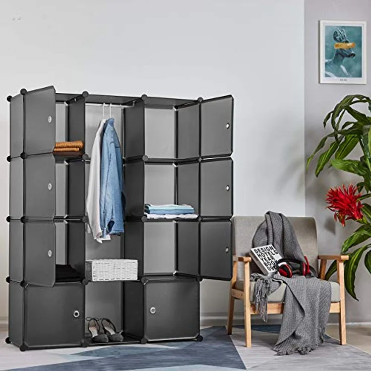 Mondeer Kleiderschrank, Steckregal Kunststoff, Garderobe Schrank Steckregalsystem, mit 2 Kleiderstange, DIY Modular Schrank für Platzsparende, Grau - 110 x 37 x 145 cm (B/T/H) – Bild 3