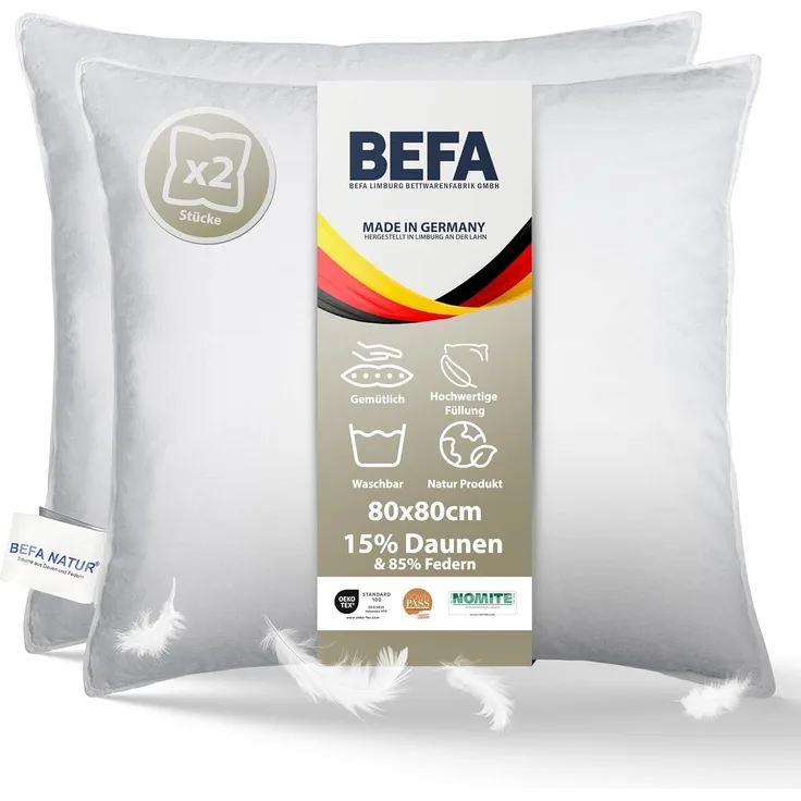 Daunenkissen kuscheliges Premium Daunenkopfkissen (mit 15% Daunenanteil) 80x80 cm, BEFA NATUR, Füllung: 15% Daunen, 85% Federn, Seitenschläfer, Bauchschläfer, Rückenschläfer, Made in Germany - himmlischer Schlafkomfort ((2 Stück))