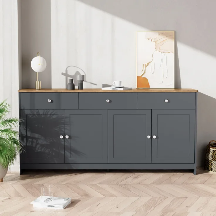 Sideboard 160x37x75 cm - Rustikaler Buffetschrank mit grauschwarzen Akzente