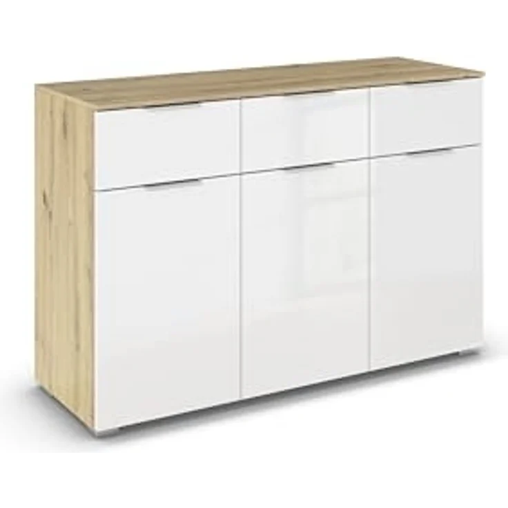 Rauch Möbel Alabama, Kommode für Schlafzimmer, Kinderzimmer, Garderobe, Flur, 3-türig, mit 3 Schubladen, SOFT-CLOSE-Fuktion, Farbe Weiß Hochglanz/Eiche Artisan, Holz, Griff Alufarben, Maße 120 x 81 x 42 cm – Bild 1