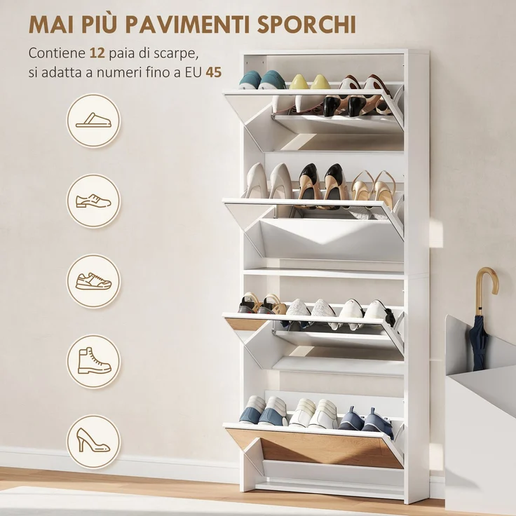 Spiegel-Schuhschrank mit 4 Türen und Kippschutz aus Holz, 63 x 17 x 146 cm, Weiß – Bild 7