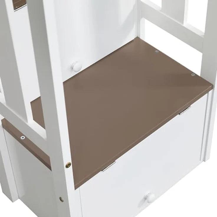 Odikalo Hochbett 90x200 Kinderbett mit Rutsche und Stauraum (Etagenbett, Kinderbett Mit Fenster, Mit Kinderrutsche, Treppen mit Handlauf, Mit 2 Schließfächer in der Treppe, Vielseitiges Design, Reichlich Stauraum, Kiefer+MDF, Weiß+Braun, 90x200cm) – Bild 9