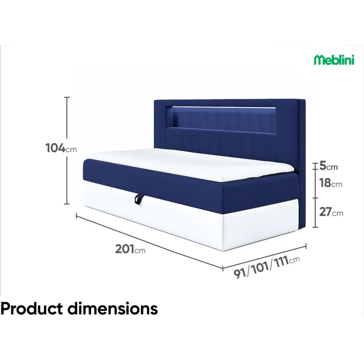 MEBLINI Kinderbett mit Bettkasten GARETH 2 90x200 – H3/Blau Samt Gepolstert Einzelbett mit Matratze - Polsterbett mit Stauraum - Bett mit Kopfteil – Stauraumbett – Bild 6