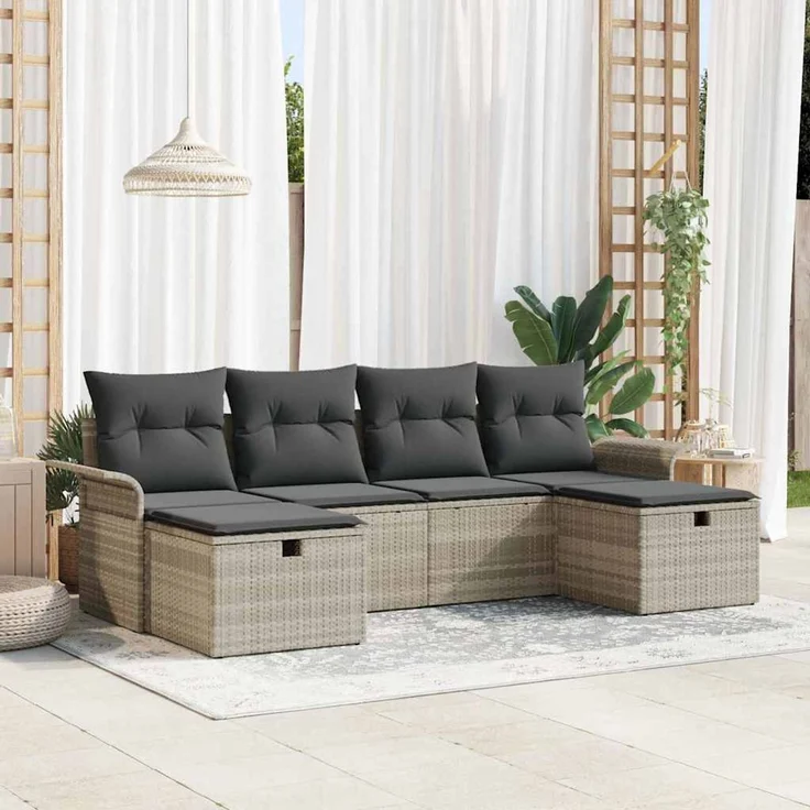 vidaXL Garten-Sofa-Set mit Kissen 6 pcs Hellgrau Poly Rattan 3360253 – Bild 1