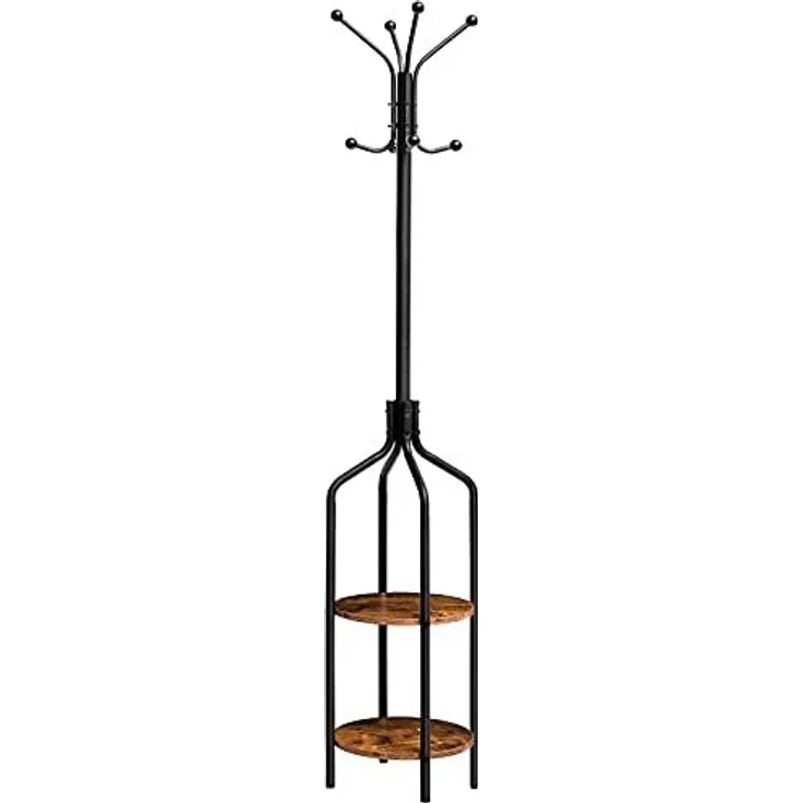 HOOBRO Garderobenständer, Garderobe mit 2 runden Ablagen, Kleiderständer mit 8 Haken, 183 cm Hoch, Industrie-Stil, Stahlgestell, multifunktional, für Kleidung, Schals, Hüte, Taschen EBF81YM01