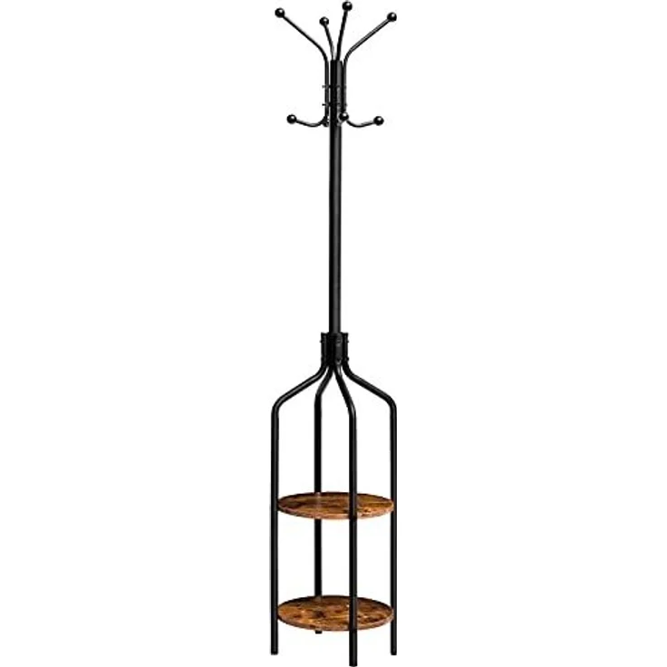 HOOBRO Garderobenständer, Garderobe mit 2 runden Ablagen, Kleiderständer mit 8 Haken, 183 cm Hoch, Industrie-Stil, Stahlgestell, multifunktional, für Kleidung, Schals, Hüte, Taschen EBF81YM01 – Bild 1