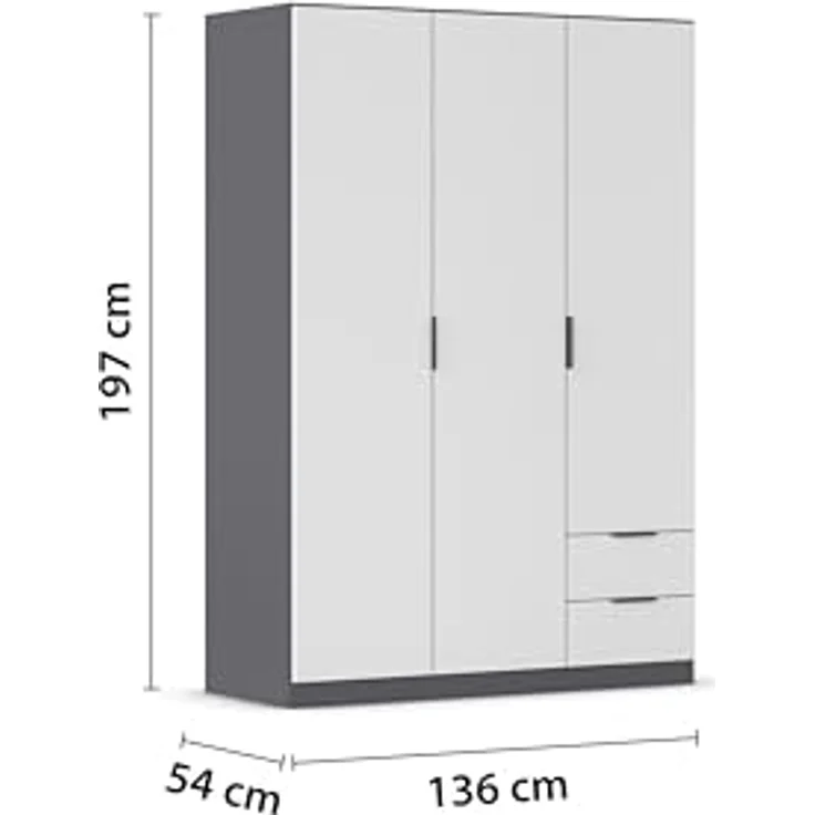 Rauch Möbel Lagoa, Kleiderschrank, Garderobe für Schlafzimmer, Kinderzimmer, Jugendzimmer 3-türig, 2 Schubladen, mit Zubehör Classic, Farbe Weiß/Grau metallic, Schwarz, Breite 136 – Bild 4