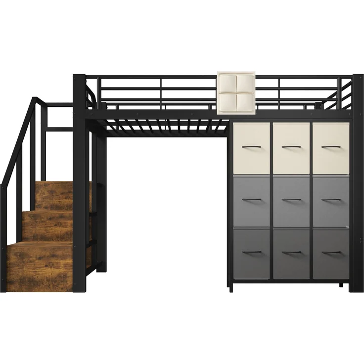 Merax Hochbett, Kinderbett 140×200 cm, Metall, mit Schubladen, Kleiderstange, Geländer, Treppe mit Stauraum, ohne Matratze, Schwarz – Bild 8