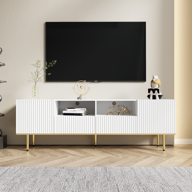 TV-Schrank 165 cm Weiß mit Gold, Lowboard Sideboard Wohnzimmerschrank, 2 Schubladen, 2 offene Fächer – Bild 4