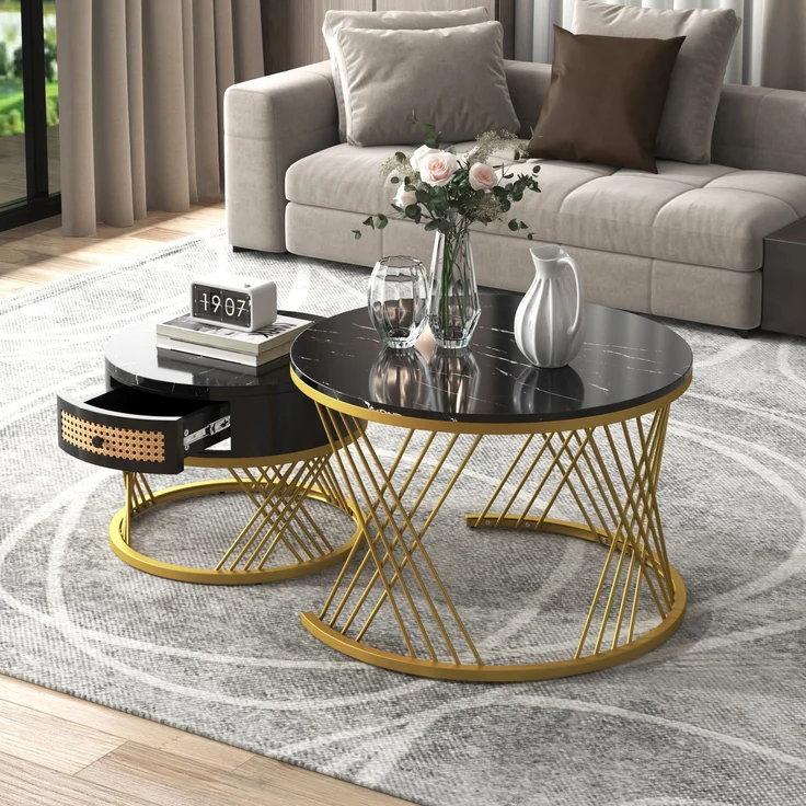 2-in-1 Couchtisch-Set rund mit Marmorplatte & Rattan-Schublade in Schwarz/Gold - 70x70x45,5 + 50x50x38,5 cm – Bild 3