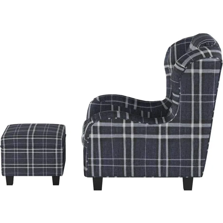 Collection AB Chris Ohrensessel mit Hocker, Stoff, Grau/Blau, 90 x 92 x 101 cm