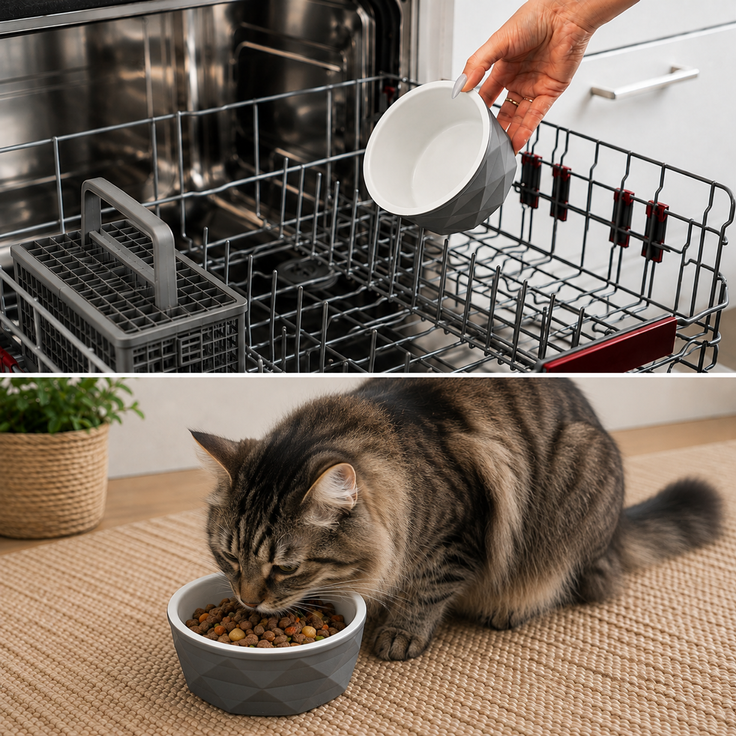 belviona Katzennapf aus Keramik, rutschfester Futter- & Wassernapf mit Silikonboden, robust & spülmaschinengeeignet, 350 ml, dunkelgrau/hellgrau matt – Bild 3