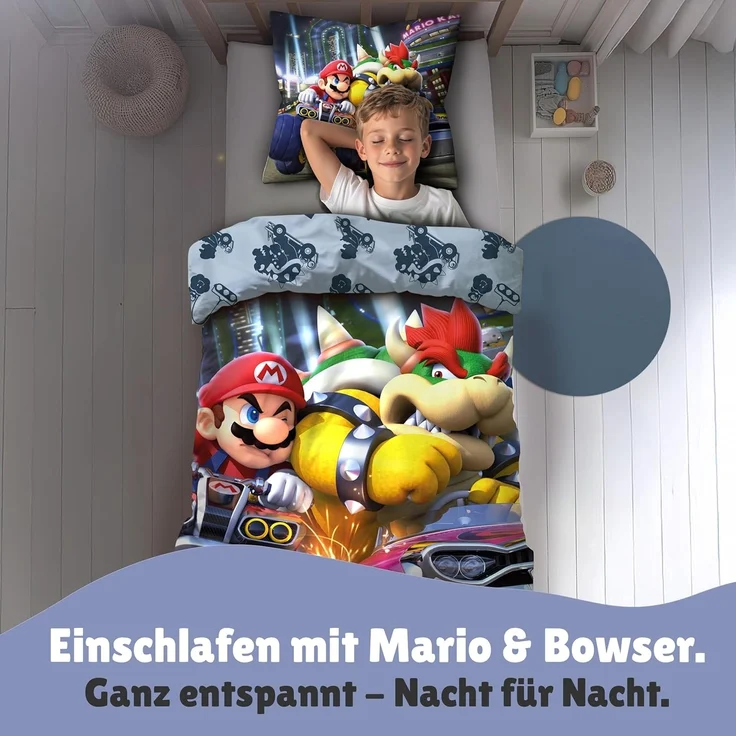 Nintendo Super Mario Kart Bettwäsche für Jungen Kinderbettwäsche 135x200 80x80 cm aus 100% Baumwolle Motiv Bump mit Bowser – Bild 2